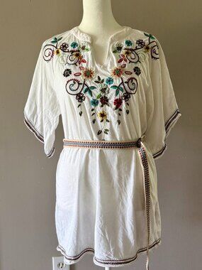 Johnny Was Embroidered Belted Cotton Tunic Top Small